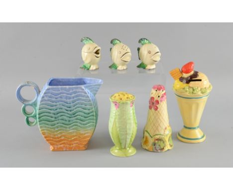  Group of Art Deco ceramics,Wilkinson Ltd fish cruet, Royal Winton Gera sugar sifter, another sugar sifter, ice cream sunday 