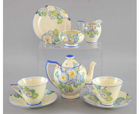  Royal Doulton Plaza breakfast set, for two  decorated with blue flowers, comprising teapot, a pair of tea cups and saucers, 