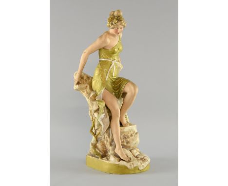 Royal Dux figural spill vase modelled as a maiden on a step, pink triangle to base, 38.5cm high,