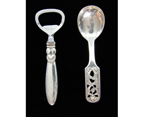  Scandanavian silver, Norwegian silver caddy spoon by Brodrene Lohne of Bergen, Danish silver handled bottle opener by Georg 