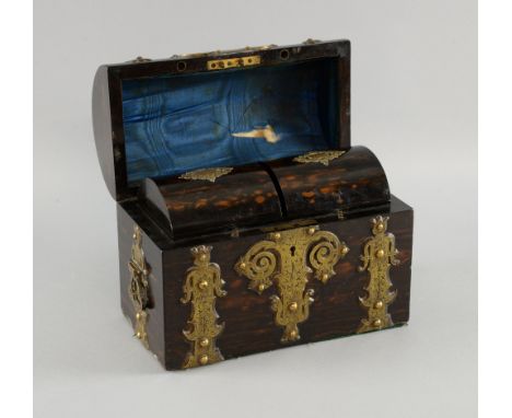 Gothic Revival coromandel  tea caddy, domed top with ornate, engraved  strap and handles, fitted with twin locking domed lids