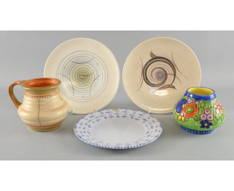  Art Deco ceramics, two Susie cooper plates diameter , Clarice cliff plate, a  Charlotte Rhead patch jug and a bowl  
