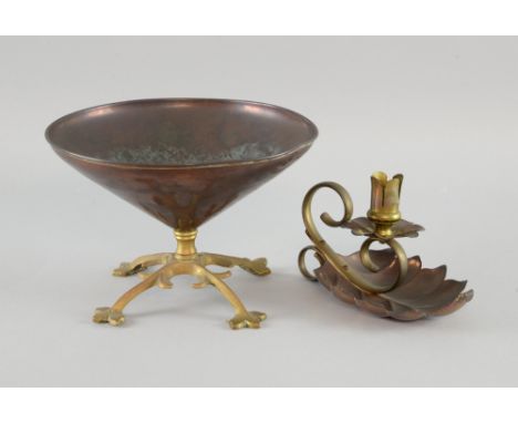 W A S Benson circular copper and brass bowl on four trefoil feet  diameter 20cm  and a similar chamber stick in copper and br