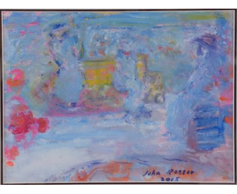 John Rosser, 'Interior with figure and the Edge with Roses', signed and dated 2015, gouache, 19cm by 26cm. Provenance: collec