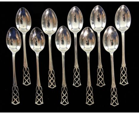 Set of ten arts and crafts style silver  tea spoons  with pierced handles Sheffield  1912, makers mark H W 