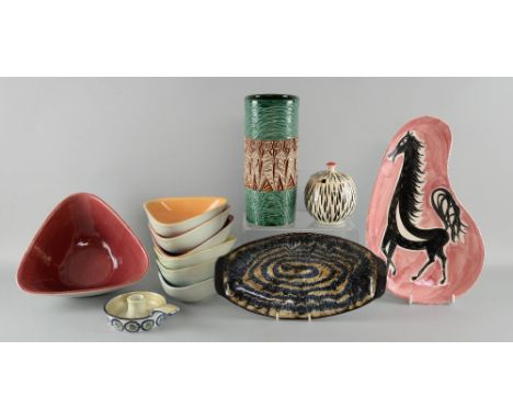 Group of mid 20th C ceramics, including a harlequin set of triangular stoneware bowls, an Italian vase with abstract figures,