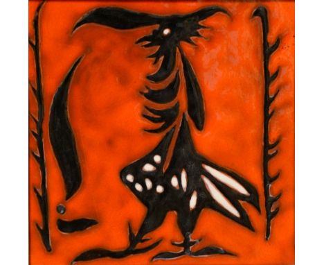 Jean Lurcat, ceramic tile, 'Bird Man' inscribed verso, 20cm x 20cm,