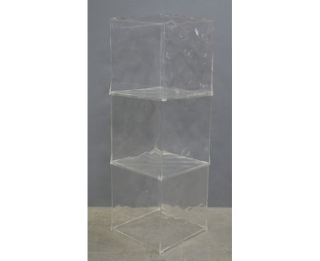 Set of three cubes forming a display shelf, clear Perspex with ice cube finish. height 40cm.