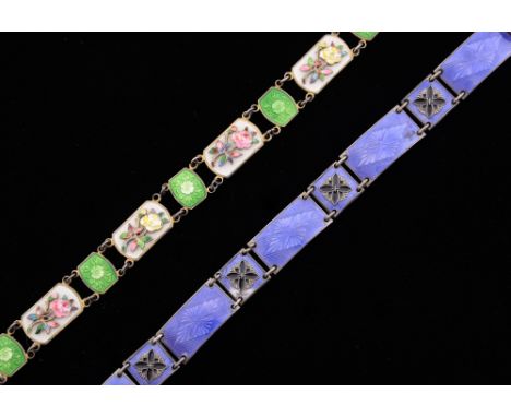 Norwegian silver and enamel bracelets, both with enamelled panels, one with raised floral motif, with one case 