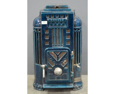 Art Deco enamel stove, marine blue odeon form, 64 x 36 cm  