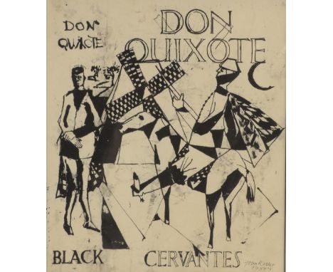 John Rosser, original book cover design 'Don Quixote', signed and dated 1950's, pen and ink, 42cm x 38cm. Provenance: collect