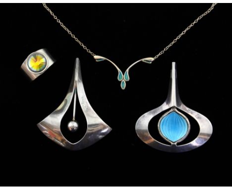 Updated description, Aksel Holmsen,  two Norwegian silver pendants, in stylized plant forms, one with enamel. an enamel neckl