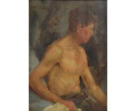 Henry Scott Tuke, RA, RWS (British, 1858-1929). Two studies of a young man on the beach. Oil on board, unsigned. Early 20th C