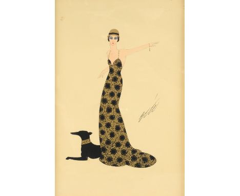 After Erte portrait of young lady with dog 39cm x 26cm