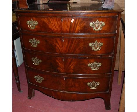 A 19th century flame mahogany bowfront chest, of four long graduated drawers, on splayed bracket supports, w.77cm