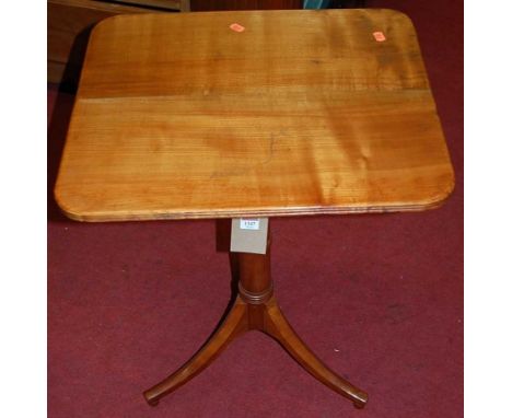 A fruitwood round cornered tilt-top pedestal tripod occasional table, w.53cm