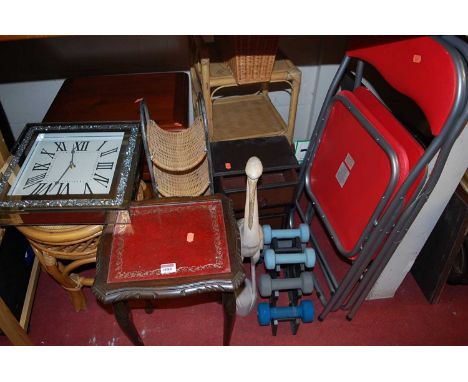 A mixed lot to include modern wall clock, assorted occasional furniture, pair folding chairs, exercise weights, gilt wall mir