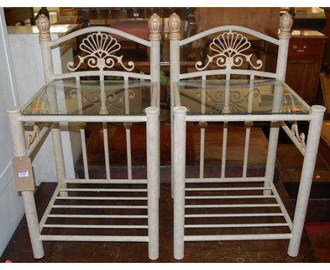A pair of contemporary painted tubular metal, glass topped lamp tables, width 47cm