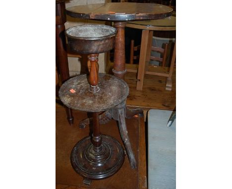 A 19th century fruitwood circular fixed top pedestal tripod table, dia. 45cm, together with a mahogany circular tiered stand 