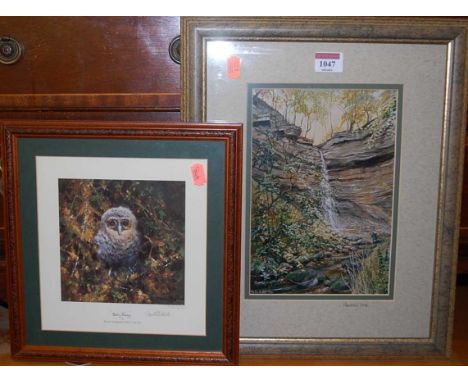 Mollie Butler - Hardraw Force, watercolour and gouache, signed lower left, 24x16.5cm, and David Shepherd - Baby Tourney, penc