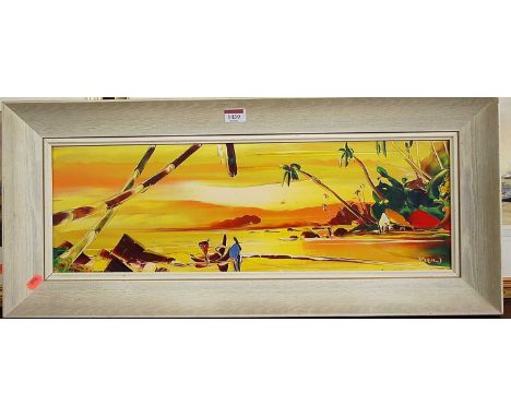 George R Deakins - tropical sunset, palette knife oil, signed lower right, 19x60cm