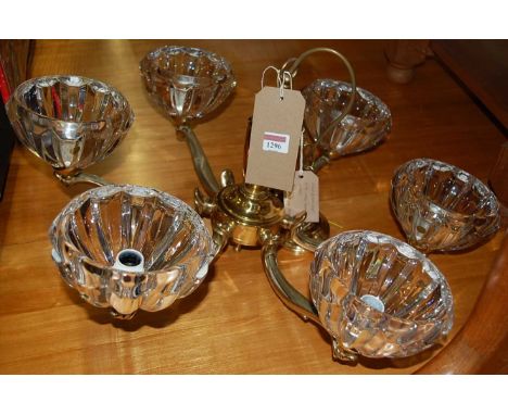 A contemporary polished brass 6-light hanging electrolier, with heavy clear glass shades, dia. 65cm