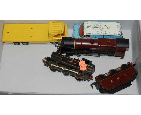 A Bachmann Mainline 6127 LMS engine and tender, a Triang British Railways engine, a Matchbox Superkings Constructors Transpor