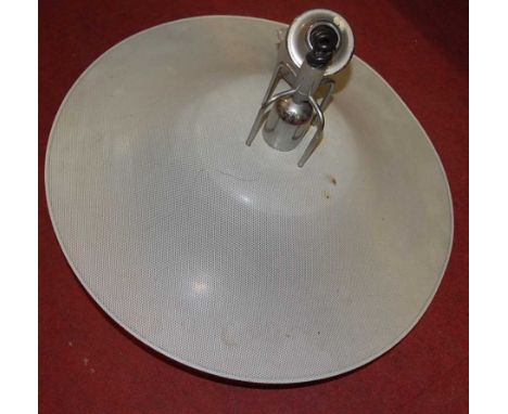 A contemporary industrial chrome hanging ceiling light; together with two further domed hanging lightshades (3)