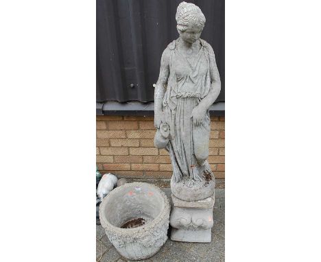 A reconstituted stone garden statue of the Venus di Milo, holding a water-jug and raised on pedestal, overall h.139cm; togeth