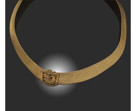 A gold choker necklace, the finely woven mesh necklace to a wide clasp chased with a floral motif, gold tests as 22cts, gross