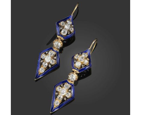 A pair of Victorian diamond and blue enamel drop earrings, mid-19th century, formed of two lozenge sections joined by an arti