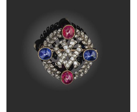 August Hollming, a ruby, sapphire and diamond brooch pendant, early 20th century, the central monogram 'XV' set with old cush