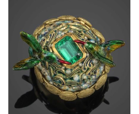 Vicente Garcia, an emerald and enamel 'Fountain of Hummingbirds' ring, of bombé design, the central emerald-cut emerald weigh