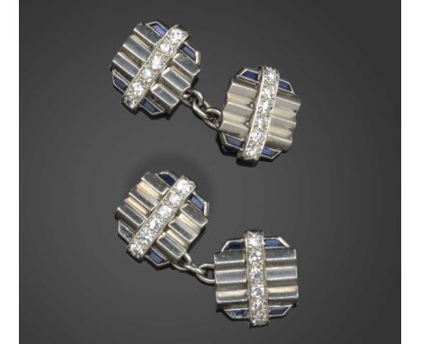 A pair of Art Deco synthetic sapphire and diamond cufflinks, the corrugated ends set with calibré-cut sapphires and traversed