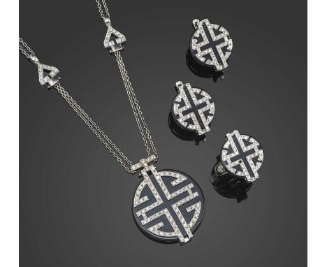 An onyx and diamond parure, comprising: a pendant suspending an onyx disc decorated with diamonds in geometric design, on two