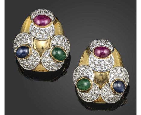Elizabeth Gage, a pair of gem-set gold earrings, each set with a cabochon sapphire, emerald and ruby within diamond surround 