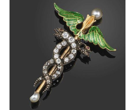 August Hollimng, an early 20th century Russian gem-set gold brooch, formed as a Caduceus, the serpents set with old circular 
