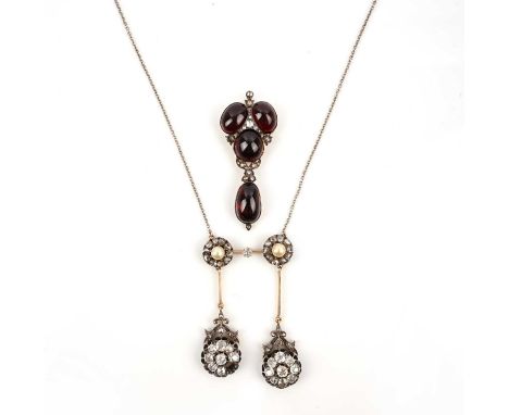 Two gem-set pendants, comprising: a diamond and pearl negligée pendant, the bar with a pearl in a diamond surround to each en