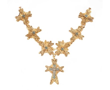 A diamond, enamel and gold necklace, the filigree cruciform links centred with blue enamel roundels decorated with zodiacal s