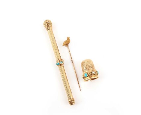 A collection of 19th century gold items, comprising: a Victorian thimble set with a band of turquoise cabochons and seed pear