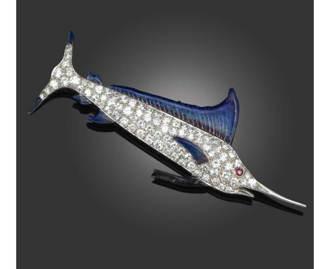 Raymond Yard, a diamond, ruby and blue enamel brooch, circa 1930, designed as a marlin, its body pavé-set with round brillian