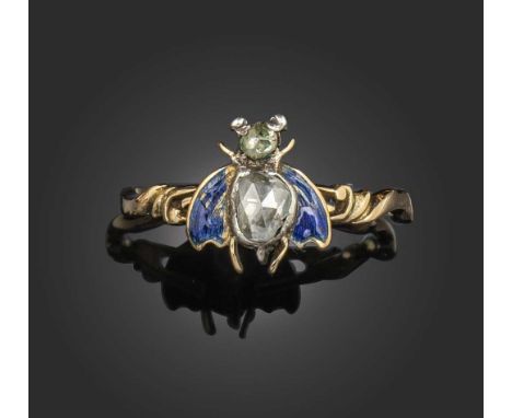 A George III gold ring, mounted with a bee set with two rose-cut diamonds and blue enamel wings, pierced scroll shoulders, si