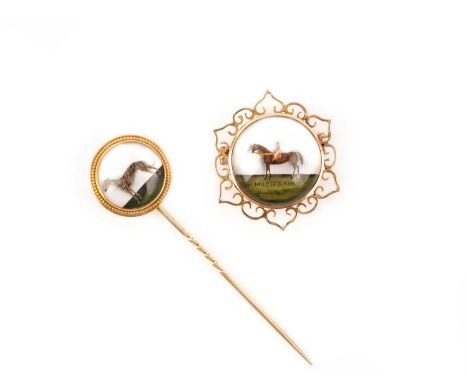 A late 19th century reverse carved rock crystal brooch and similar stickpin, comprising: a brooch decorated with a portrait o