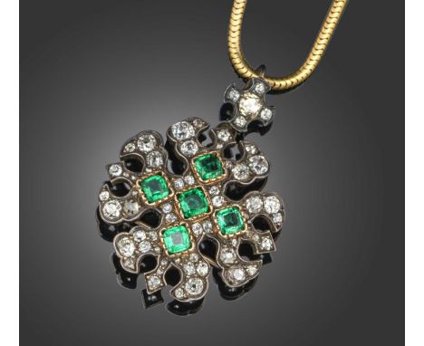 A 19th century emerald and diamond quatrefoil brooch pendant, set with step-cut emeralds and old cushion-shaped diamonds in s