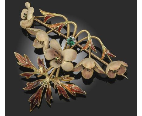 Henri Dubret, a French Art Nouveau enamel brooch pendant, depicting stylised dogwood blossom in polychrome enamel and set wit