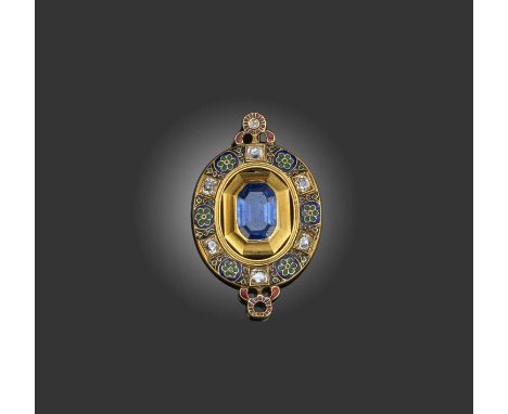 A Victorian Holbeinesque pendant, circa 1870, set with a central emerald-cut sapphire within a foliate polychrome enamel bord