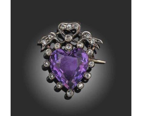 A Victorian amethyst and diamond brooch, late 19th century, the heart-shaped amethyst surrounded by collet-set rose-cut diamo