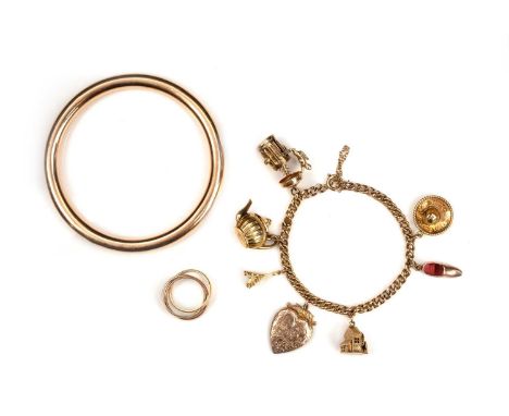A collection of gold jewellery, comprising: a charm bracelet of curb linking suspending seven charms comprising a sombrero, a