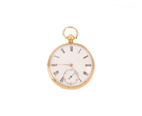 A mid-19th century 18ct gold open faced key wind pocket watch, white enamel dial with black Roman numerals and gold hands, su