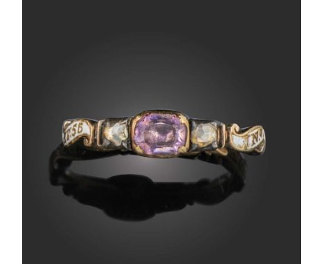 An early 18th century mourning ring, circa 1739, set with an amethyst within diamond shoulders and white enamel band, with th